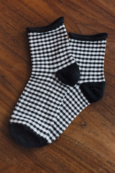 Cottage Crew Socks Black Gingham
