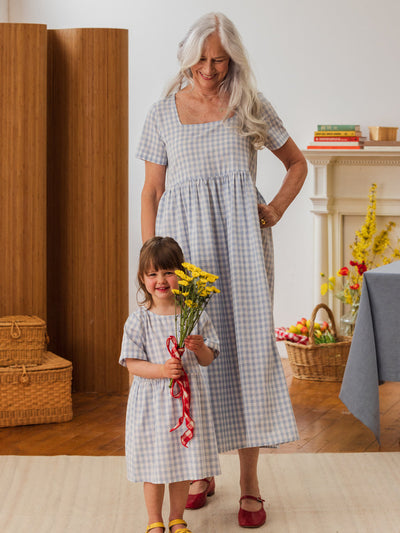 Nico Square Neck Midi Dress Sky Blue Gingham