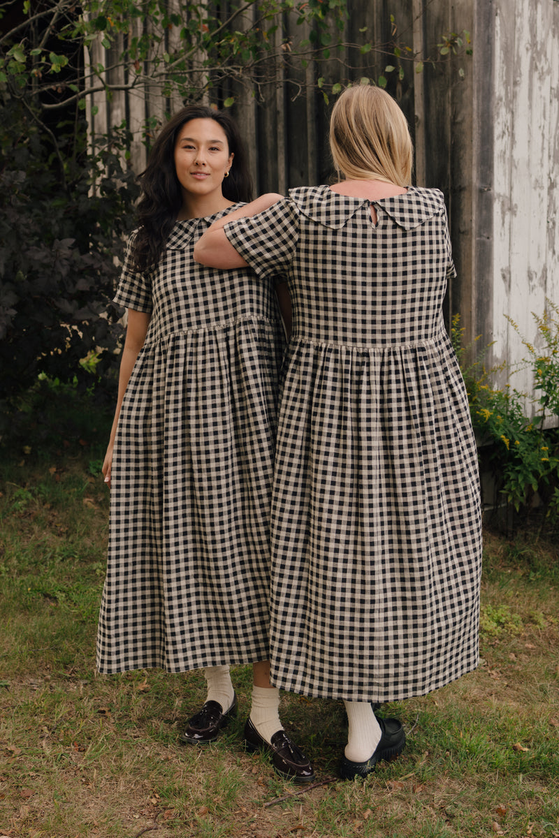 Homestead Collared Linen Dress Black Oat Milk Gingham