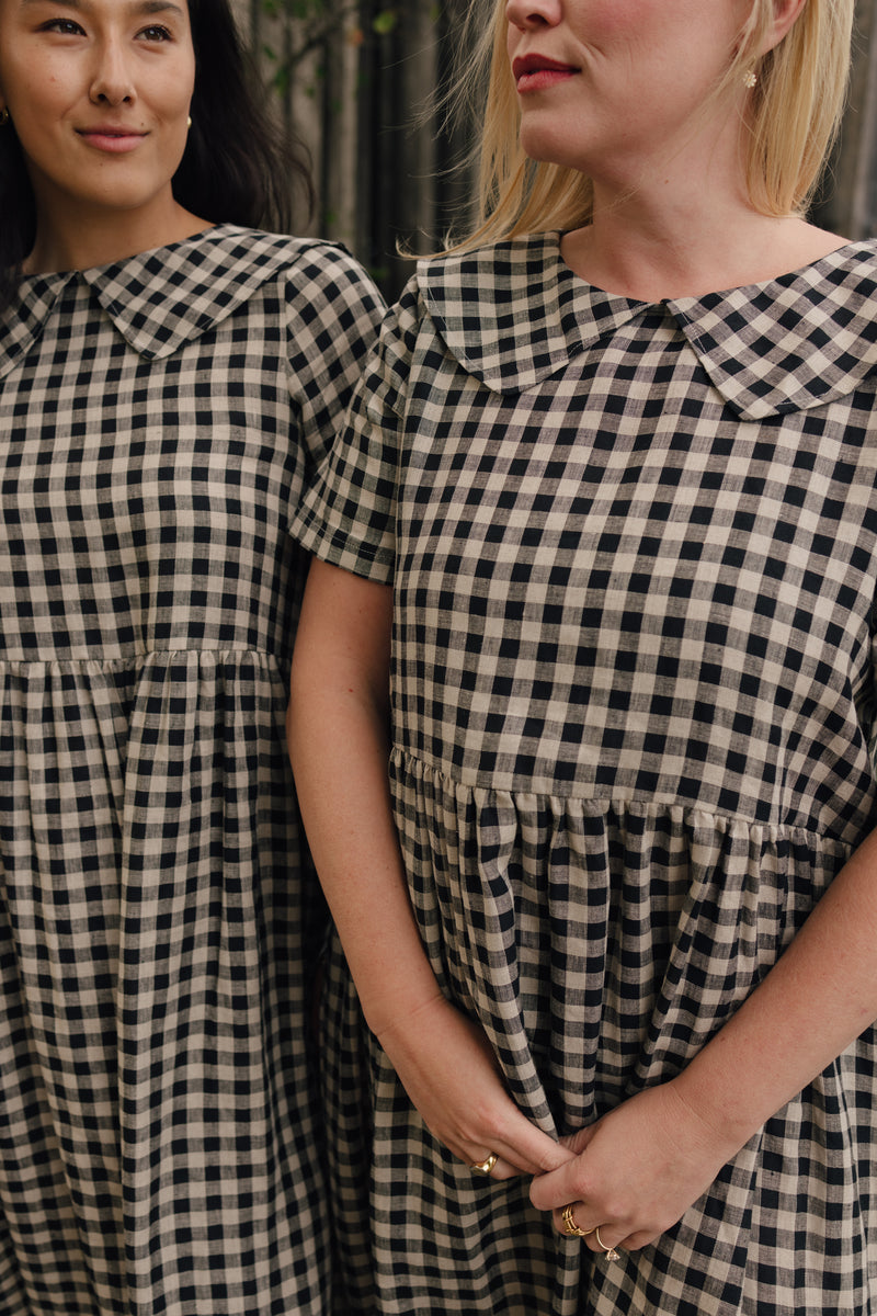 Homestead Collared Linen Dress Black Oat Milk Gingham