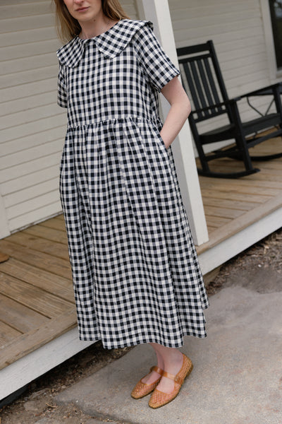 Homestead Collared Linen Dress Black Gingham