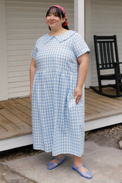 Homestead Collared Linen Dress Surf Blue Gingham