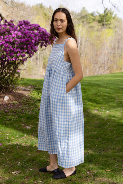 Lupine Apron Linen Dress Surf Blue Gingham