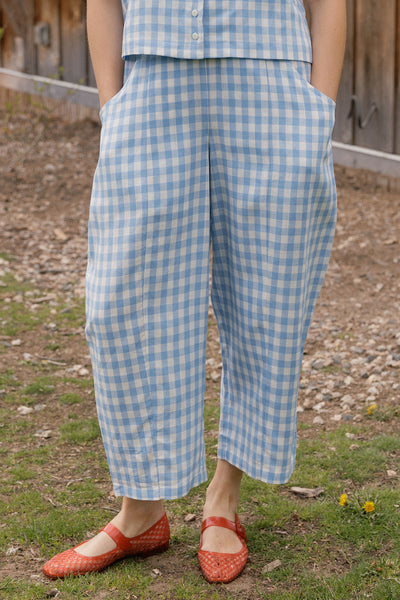 Porch Balloon Linen Pants Surf Blue Gingham