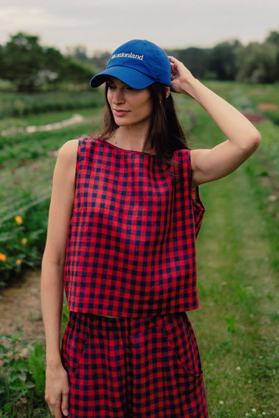 Luna Sleeveless Linen Tank Top Rhubarb Blue Gingham