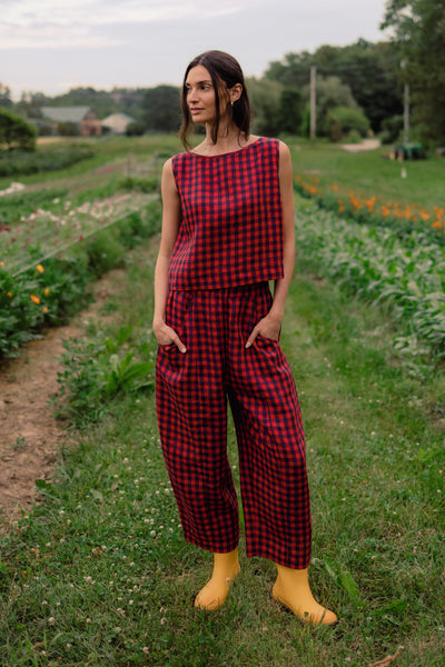 Porch Balloon Linen Pant Rhubard Blue Gingham
