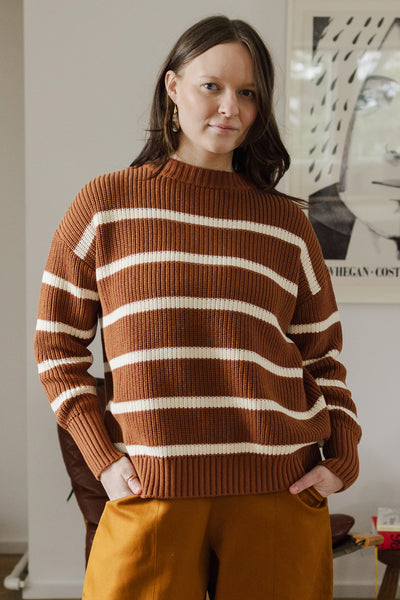Shelter Crewneck Sweater Pecan Cream Stripe