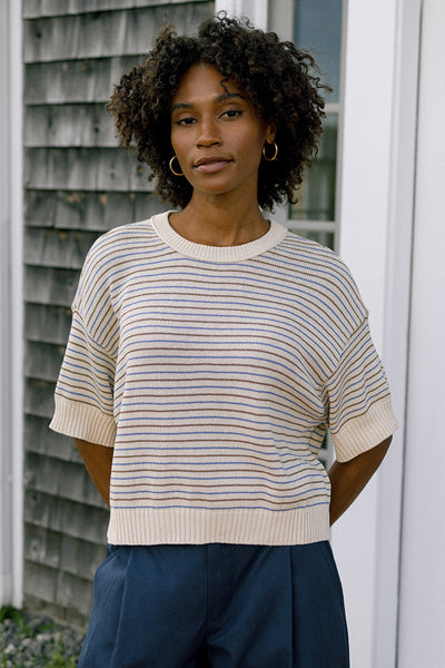 Sunny Cotton Linen Crewneck Sweater Cream French Blue Stripe